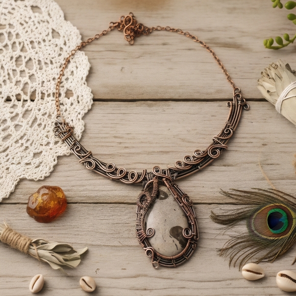 Boho Chic Copper Wire Wrapped Coffee Bean Jasper Gemstone Artisanal Necklace - Picture 13 of 13